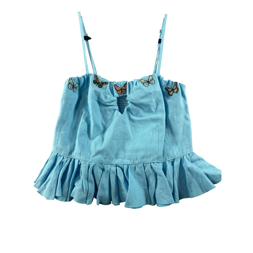 Fanm Mon Blue Linen Butterfly Embroidered Peplum Cami Top NWT Size Medium